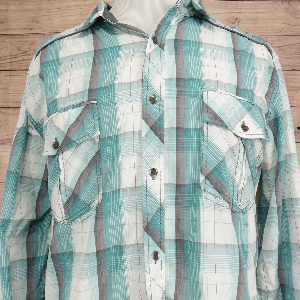 Rock & Republic Shirt Mens 2XL Blue Plaid Long Sleeve Button-Up Easy Care Casual